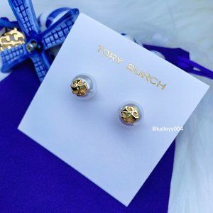Tory Burch Kira Pearl Stud Earrings with Gold Logo - Brand New!